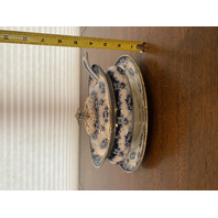 ANTIQUE ALBION POTTERY Blue/White Lidded Tureen W/Gold Accents & Underplate