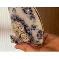 ANTIQUE ALBION POTTERY Blue/White Lidded Tureen W/Gold Accents & Underplate