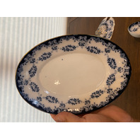 ANTIQUE ALBION POTTERY Blue/White Lidded Tureen W/Gold Accents & Underplate