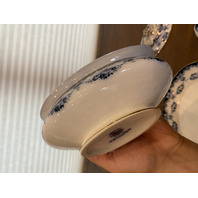 ANTIQUE ALBION POTTERY Blue/White Lidded Tureen W/Gold Accents & Underplate