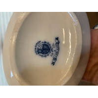 ANTIQUE ALBION POTTERY Blue/White Lidded Tureen W/Gold Accents & Underplate