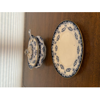 ANTIQUE ALBION POTTERY Blue/White Lidded Tureen W/Gold Accents & Underplate