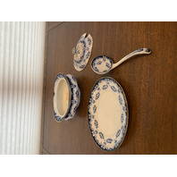 ANTIQUE ALBION POTTERY Blue/White Lidded Tureen W/Gold Accents & Underplate