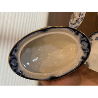 ANTIQUE ALBION POTTERY Blue/White Lidded Tureen W/Gold Accents & Underplate