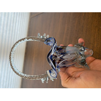 VTG HAND BLOWN Multicolored Splatter Art Glass Basket W/Twisted Handle 7.75"H