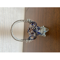 VTG HAND BLOWN Multicolored Splatter Art Glass Basket W/Twisted Handle 7.75"H