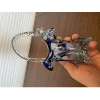 VTG HAND BLOWN Multicolored Splatter Art Glass Basket W/Twisted Handle 7.75"H