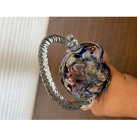 VTG HAND BLOWN Multicolored Splatter Art Glass Basket W/Twisted Handle 7.75"H