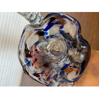 VTG HAND BLOWN Multicolored Splatter Art Glass Basket W/Twisted Handle 7.75"H