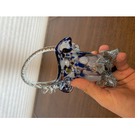 VTG HAND BLOWN Multicolored Splatter Art Glass Basket W/Twisted Handle 7.75"H