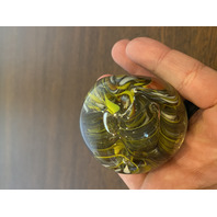 VTG Yellow Swirl Art Glass Paperweight W/Controlled Bubbles 2.25"W