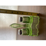 VTG Imperial Glass Green Salt & Pepper Shakers W/Stand 3 PC SET