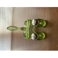 VTG Imperial Glass Green Salt & Pepper Shakers W/Stand 3 PC SET