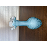 ANTIQUE Blue Diamond Quilted Mother Of Pearl Satin Glass Ruffled Rim Vase 11.25"