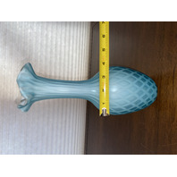 ANTIQUE Blue Diamond Quilted Mother Of Pearl Satin Glass Ruffled Rim Vase 11.25"