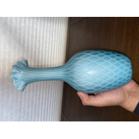 ANTIQUE Blue Diamond Quilted Mother Of Pearl Satin Glass Ruffled Rim Vase 11.25"