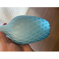 ANTIQUE Blue Diamond Quilted Mother Of Pearl Satin Glass Ruffled Rim Vase 11.25"