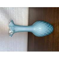 ANTIQUE Blue Diamond Quilted Mother Of Pearl Satin Glass Ruffled Rim Vase 11.25"