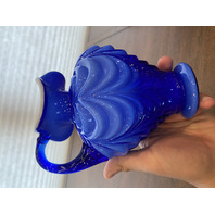 FENTON Cobalt Blue & White Overlay DRAPERY Art Glass Pitcher 7.25"H