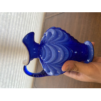 FENTON Cobalt Blue & White Overlay DRAPERY Art Glass Pitcher 7.25"H