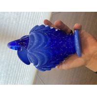 FENTON Cobalt Blue & White Overlay DRAPERY Art Glass Pitcher 7.25"H