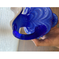 FENTON Cobalt Blue & White Overlay DRAPERY Art Glass Pitcher 7.25"H