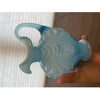 FENTON Light Blue On White Overlay DRAPERY Art Glass Pitcher W/LABEL 7.5"H