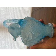 FENTON Light Blue On White Overlay DRAPERY Art Glass Pitcher W/LABEL 7.5"H