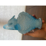 FENTON Light Blue On White Overlay DRAPERY Art Glass Pitcher W/LABEL 7.5"H