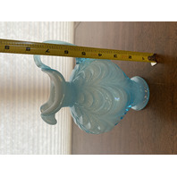 FENTON Light Blue On White Overlay DRAPERY Art Glass Pitcher W/LABEL 7.5"H