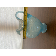 FENTON Light Blue On White Overlay DRAPERY Art Glass Pitcher W/LABEL 7.5"H