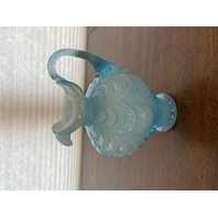 FENTON Light Blue On White Overlay DRAPERY Art Glass Pitcher W/LABEL 7.5"H