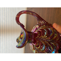 FENTON Red Iridescent DRAPERY Carnival Art Glass Pitcher 8"H