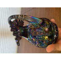 VTG FENTON Amethyst Iridescent Floral Pattern Carnival Art Glass Pitcher 7.25"H
