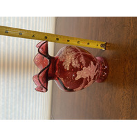 VTG MARY GREGORY Cranberry HAND PAINTED Nature Scene Glass Vase 6.75"H SIGNED