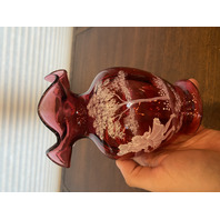 VTG MARY GREGORY Cranberry HAND PAINTED Nature Scene Glass Vase 6.75"H SIGNED