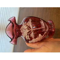 VTG MARY GREGORY Cranberry HAND PAINTED Nature Scene Glass Vase 6.75"H SIGNED