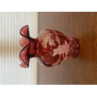 VTG MARY GREGORY Cranberry HAND PAINTED Nature Scene Glass Vase 6.75"H SIGNED