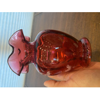 VTG MARY GREGORY Cranberry HAND PAINTED Nature Scene Glass Vase 6.75"H SIGNED