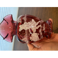 VTG MARY GREGORY Cranberry HAND PAINTED Nature Scene Glass Vase 6.75"H SIGNED