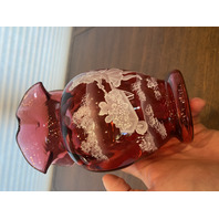 VTG MARY GREGORY Cranberry HAND PAINTED Nature Scene Glass Vase 6.75"H SIGNED
