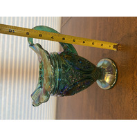 VTG FENTON Teal/Green Iridescent Hobstar Carnival Glass Footed Pitcher 9"H