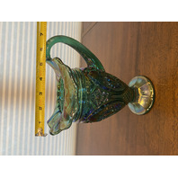 VTG FENTON Teal/Green Iridescent Hobstar Carnival Glass Footed Pitcher 9"H