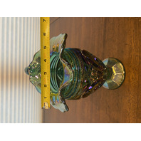 VTG FENTON Teal/Green Iridescent Hobstar Carnival Glass Footed Pitcher 9"H