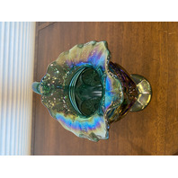 VTG FENTON Teal/Green Iridescent Hobstar Carnival Glass Footed Pitcher 9"H