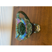 VTG FENTON Teal/Green Iridescent Hobstar Carnival Glass Footed Pitcher 9"H