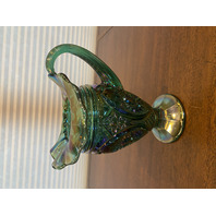 VTG FENTON Teal/Green Iridescent Hobstar Carnival Glass Footed Pitcher 9"H