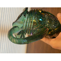 VTG FENTON Teal/Green Iridescent Hobstar Carnival Glass Footed Pitcher 9"H