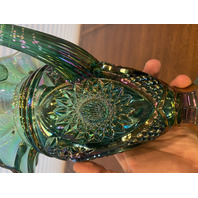 VTG FENTON Teal/Green Iridescent Hobstar Carnival Glass Footed Pitcher 9"H