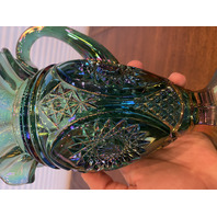 VTG FENTON Teal/Green Iridescent Hobstar Carnival Glass Footed Pitcher 9"H